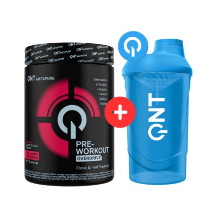 QNT Pre Workout Overdrive Wild Cherry Lime 390 g+ QNT SHAKER 500 ML KÉK 