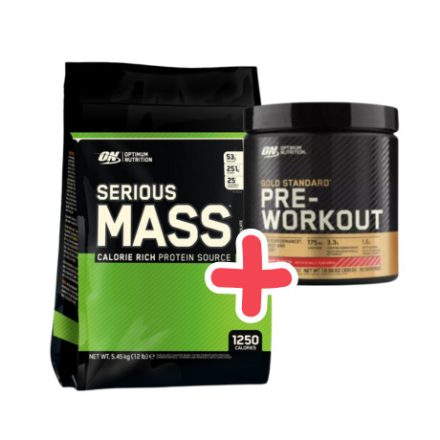 Optimum Nutrition Serious Mass 5455g (12lb) Cookie & Cream + Optimum Nutrition Gold Standard Pre-Workout Fruit Punch 330g ajándék