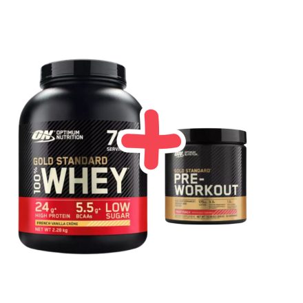 Optimum Nutrition Gold Standard 100% Whey 2270g (5lb) French Vanilla Créme+ ajándék ON Pre-Workout Fruit Punch 330g